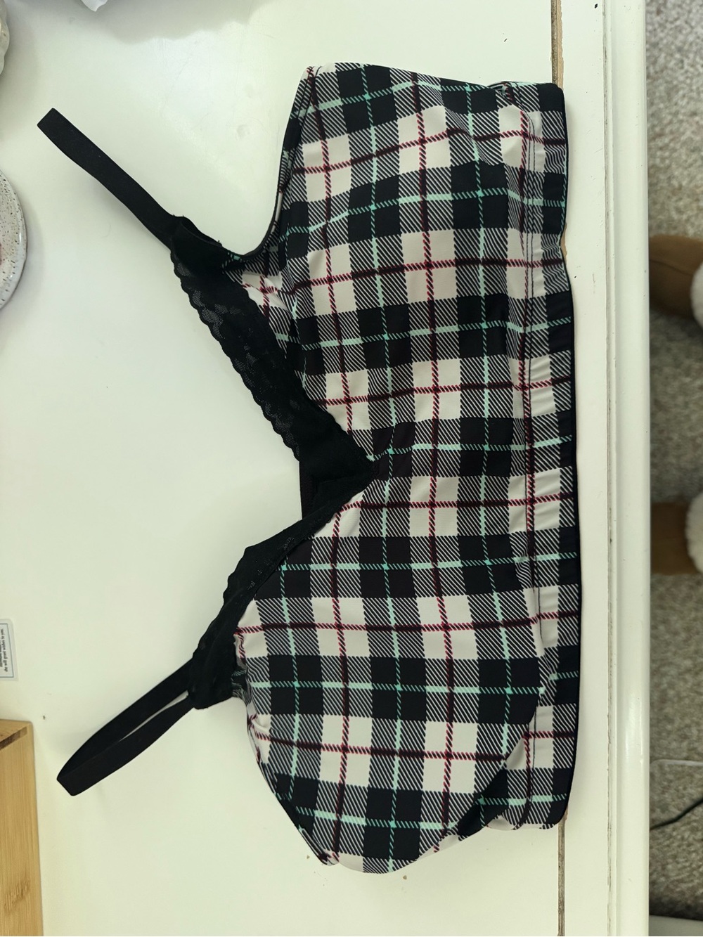 Jockey Plaid Wireless Bralette with Lace Trim - Black, White, Green, Red